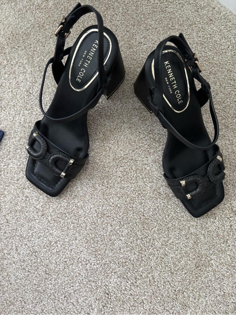 Kenneth Cole Black Leather Square Toe Block Heel Sandals